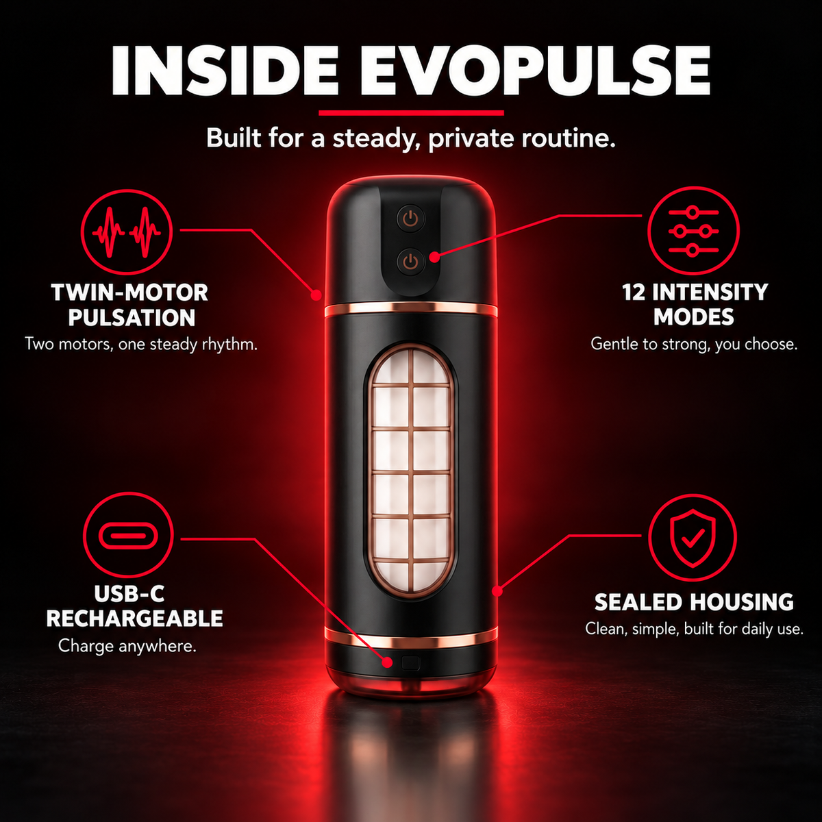 Inside EvoPulse Pro: twin-motor pulsation, 12 intensity modes, USB-C rechargeable, sealed housing