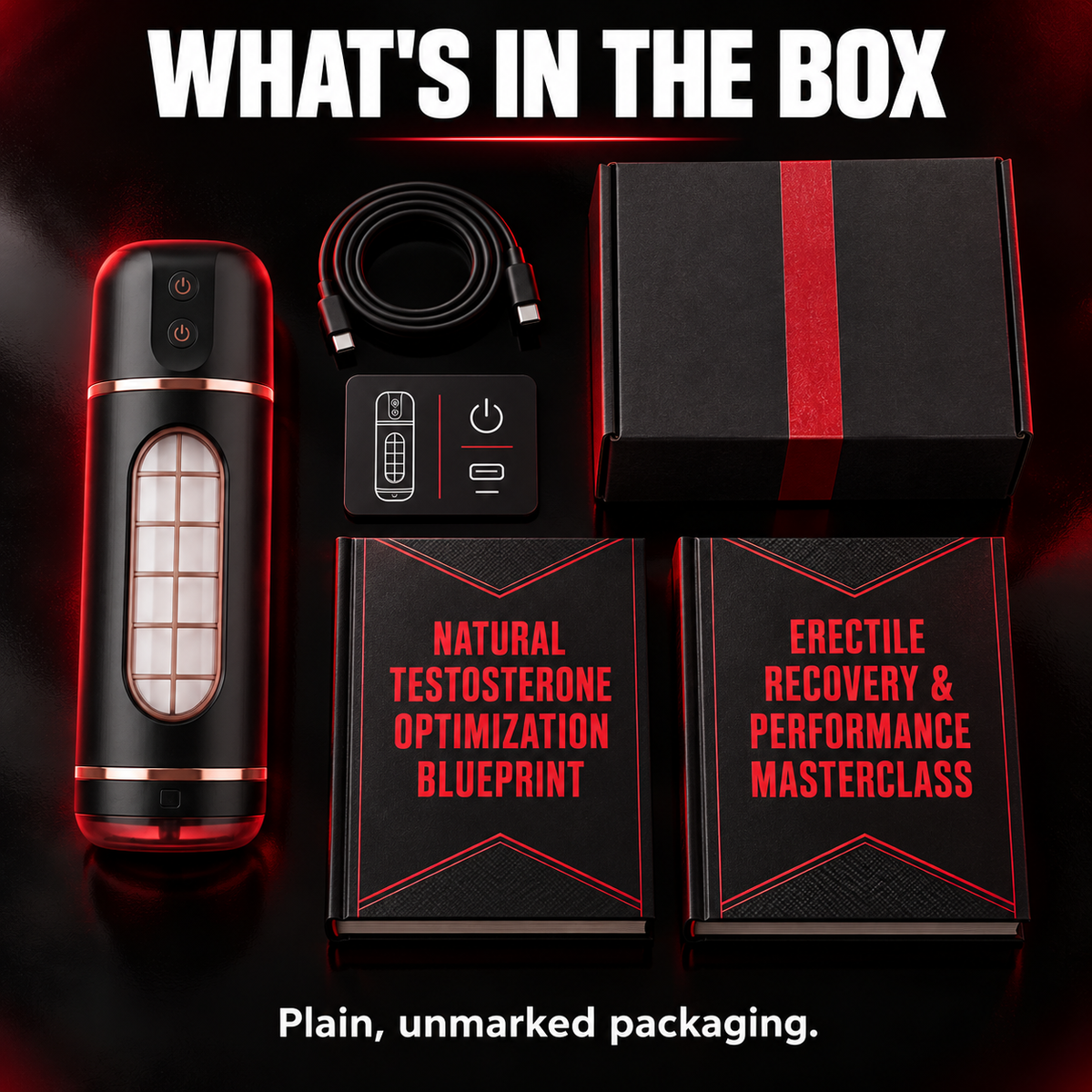 What is in the box: EvoPulse Pro, USB-C cable, quick-start card, 2 free guides, plain packaging